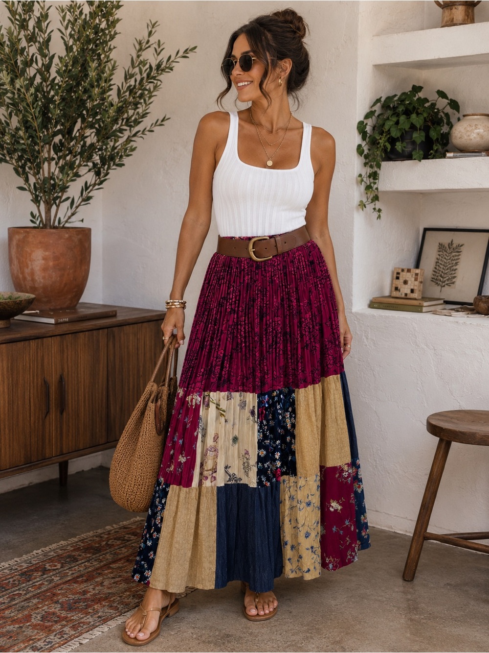 Vintage 90s Boho Patchwork Pleated Maxi Skirt - Burgundy & Multi